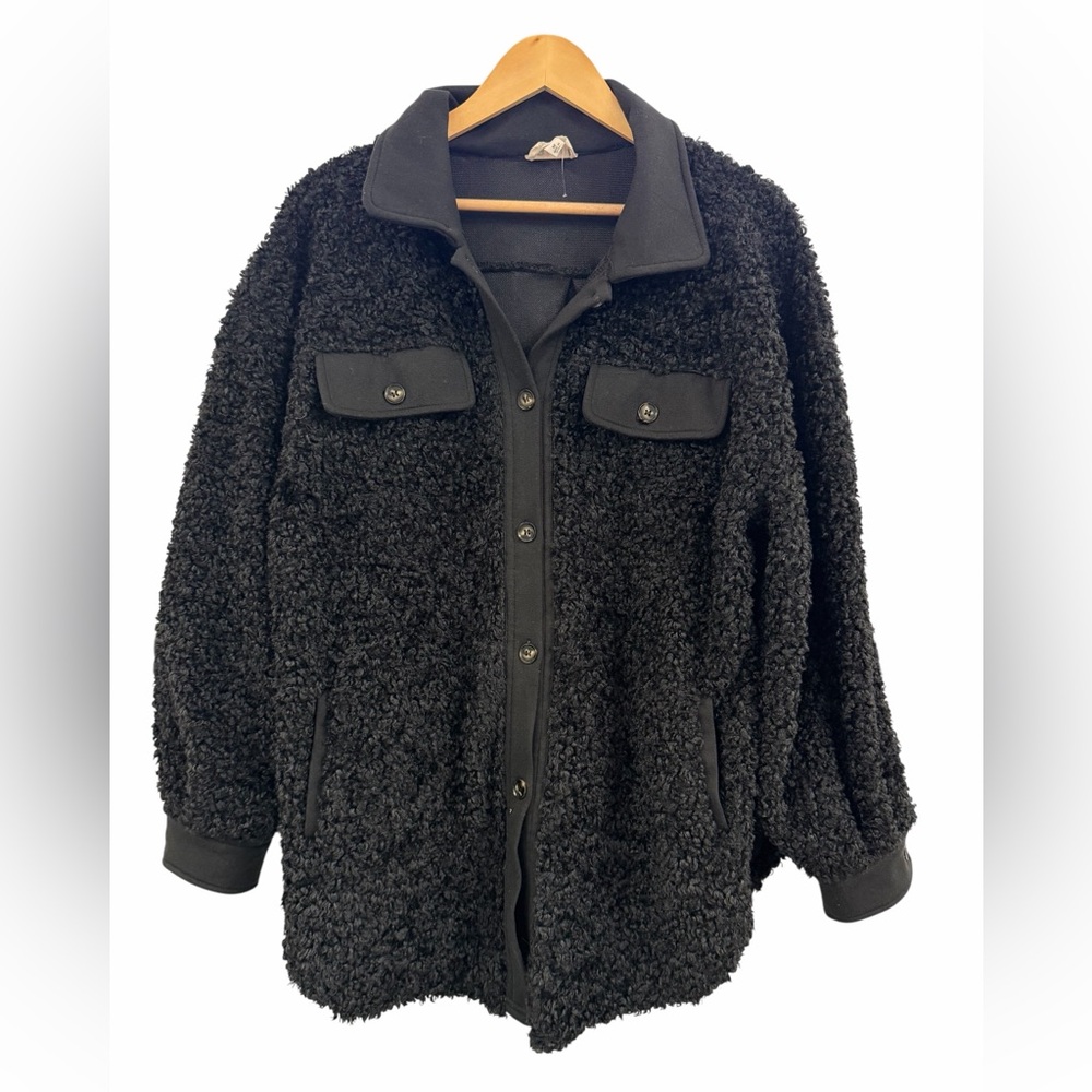 BiBi‎ Teddy Fleece Shacket Women Medium Black Oversized Sherpa Button Up Jacket - Picture 2 of 5